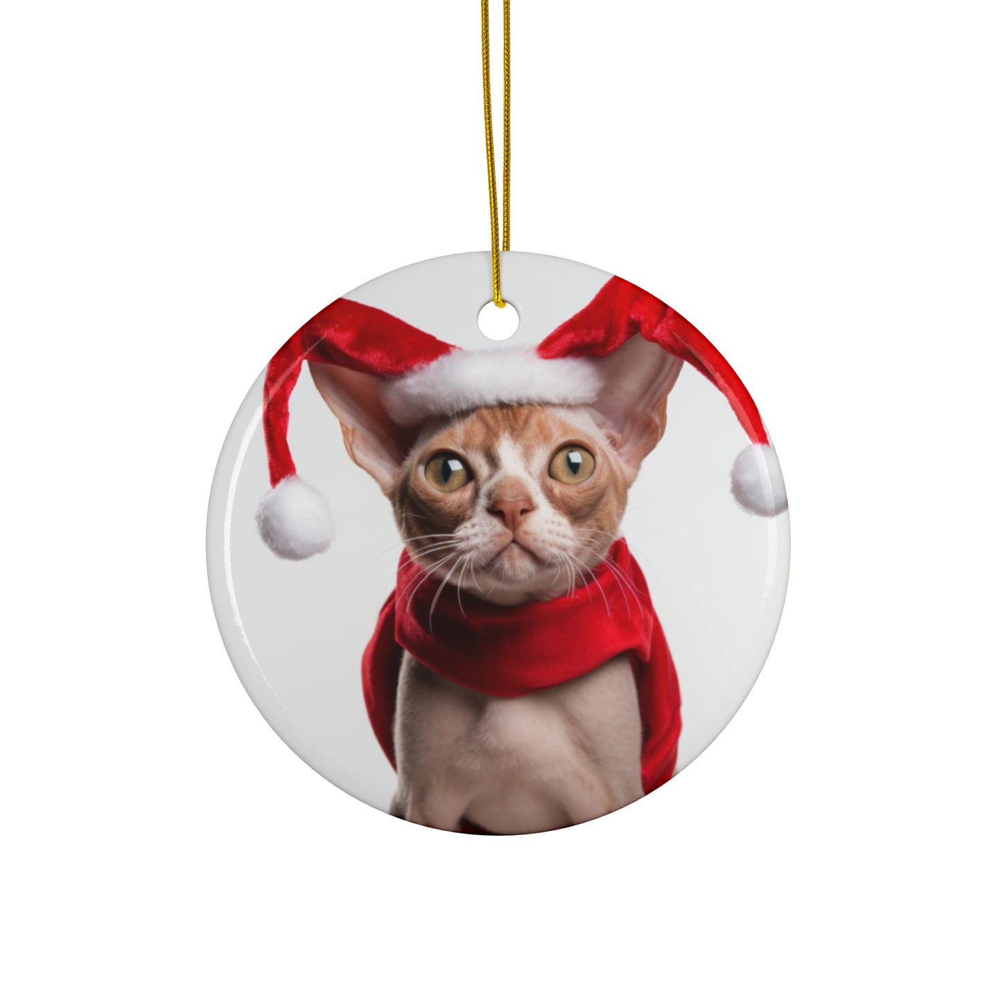 DistinctInk Hanging Ceramic Christmas Tree Ornament with Gold String - Great Gift/Present - 2 3/4 inch Diameter - Devon Rex Cat Design