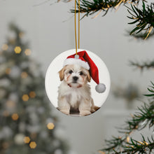 DistinctInk Hanging Ceramic Christmas Tree Ornament with Gold String - Great Gift/Present - 2 3/4 inch Diameter - Pumik Puppy Design