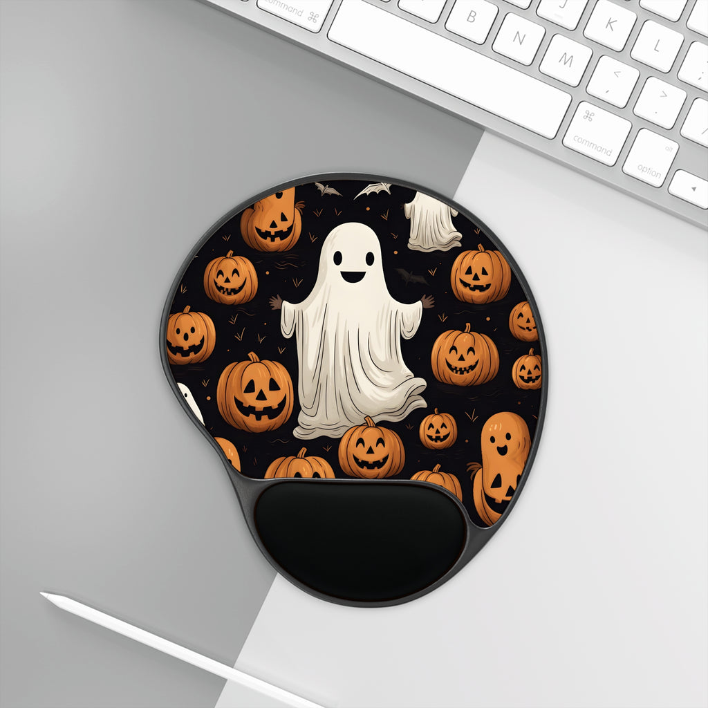 Mouse Pad with Wrist Rest with Ghastly Skeleton Pumpkin Design for Halloween, view 3