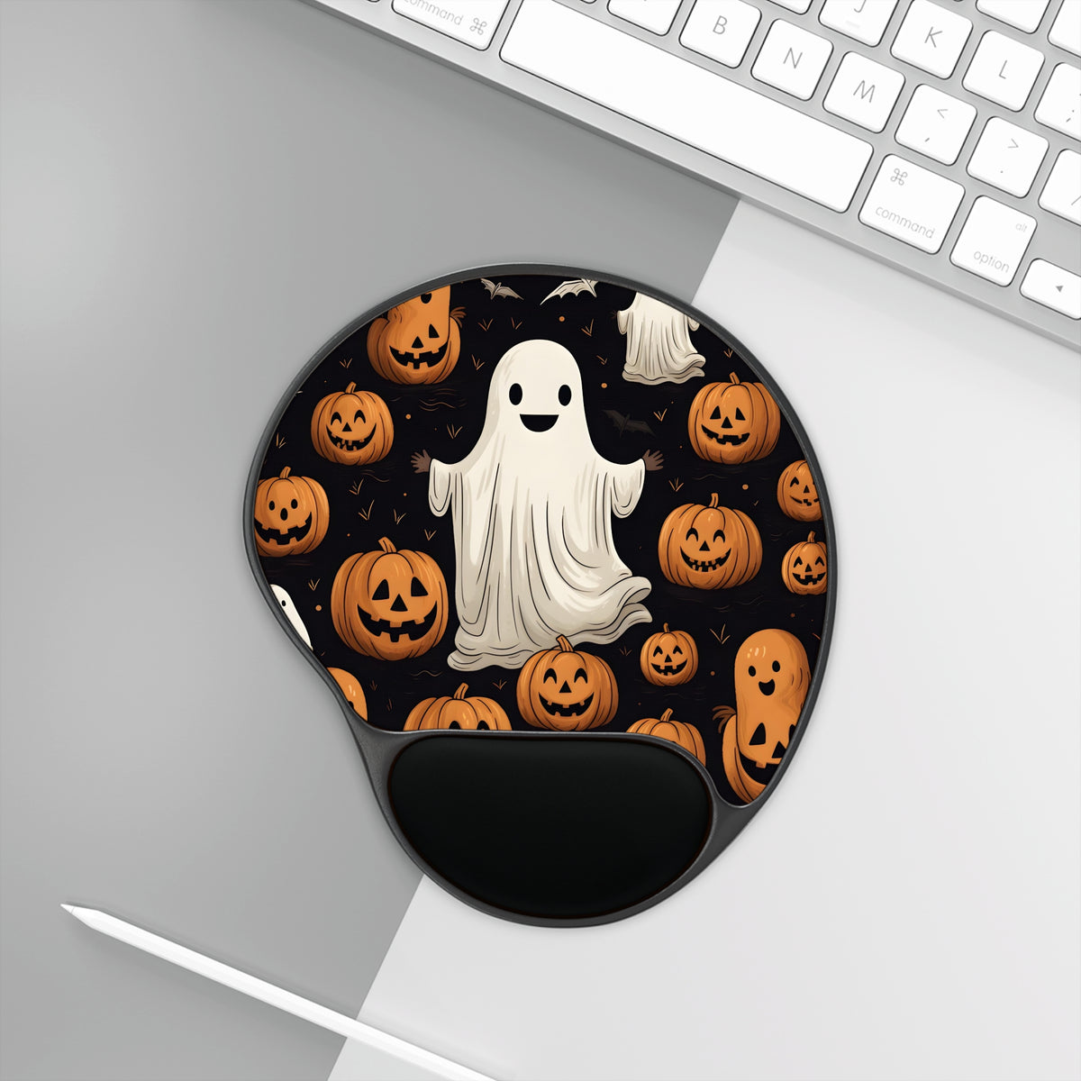Mouse Pad with Wrist Rest with Ghastly Skeleton Pumpkin Design for Halloween, view 3