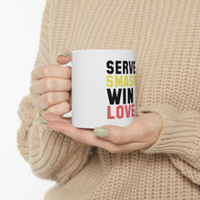 DistinctInk Glossy White Coffee / Tea Mug - Serve It Smash It Win It Love It Tennis