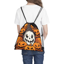 DistinctInk Drawstring Bag Backpack with Spooky Skeleton Pumpkin Patch Design for Halloween