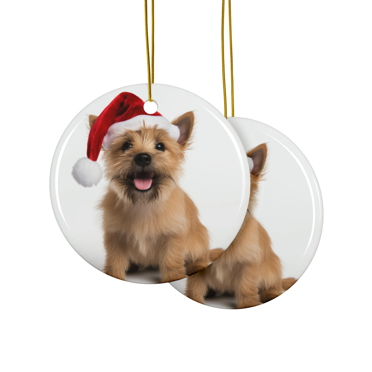 Hanging Ceramic Christmas Tree Ornament with Gold String - Norwich Terrier Design, view 2