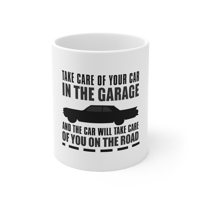 DistinctInk Glossy White Coffee / Tea Mug - Take Care of the Car, Car Take Care of the Road
