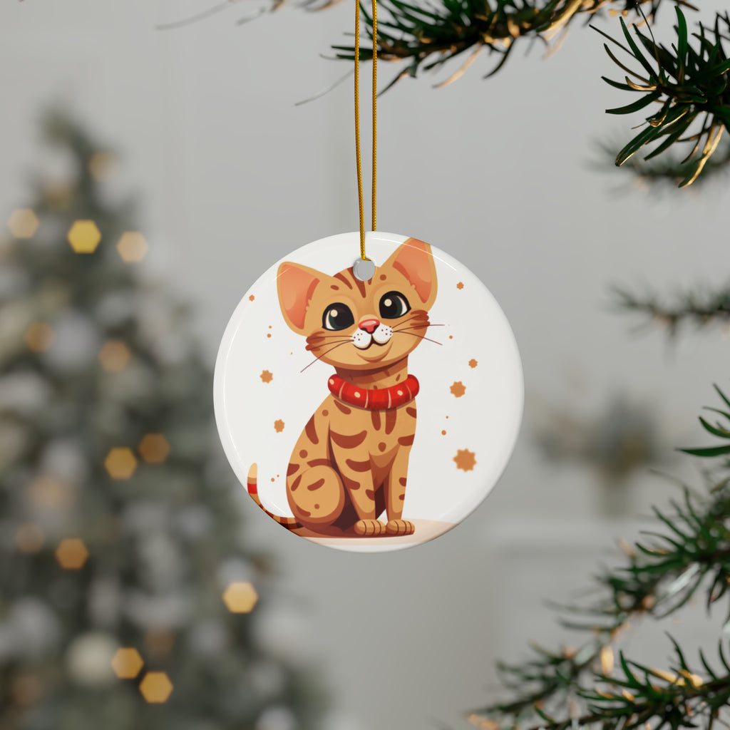 Hanging Ceramic Christmas Tree Ornament with Gold String - Ocicat Cat Design, view 3