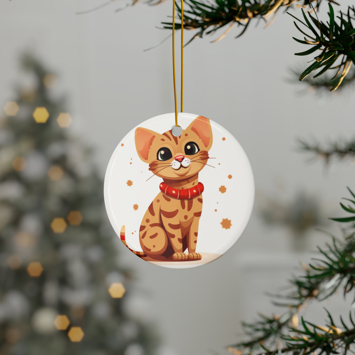 Hanging Ceramic Christmas Tree Ornament with Gold String - Ocicat Cat Design, view 3