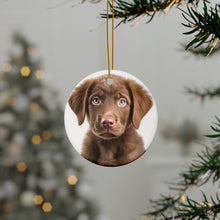 DistinctInk Hanging Ceramic Christmas Tree Ornament with Gold String - Great Gift/Present - 2 3/4 inch Diameter - Chesapeake Bay Retriever Puppy Design
