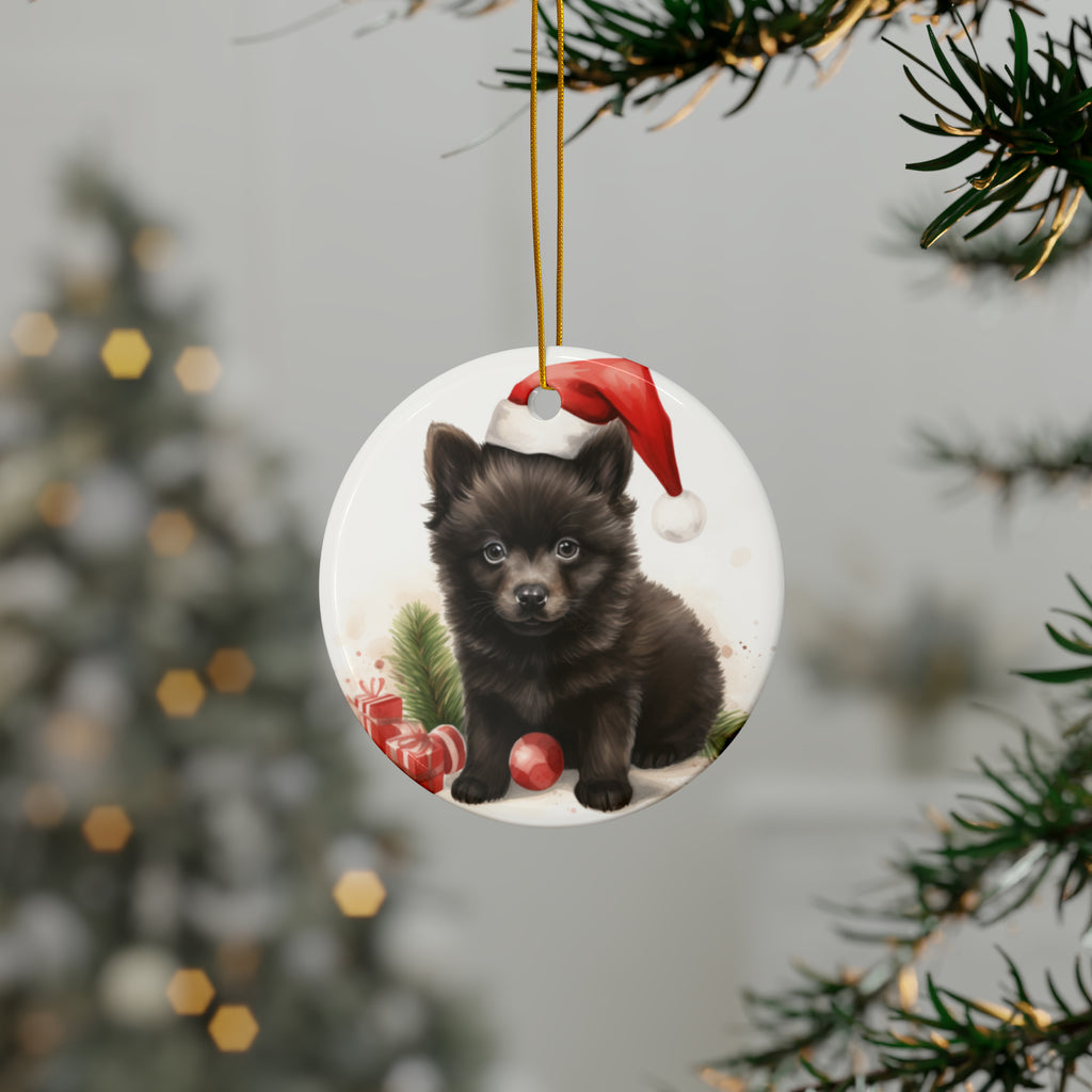 Hanging Ceramic Christmas Tree Ornament with Gold String - Schipperke Puppy Drawing Design, view 3