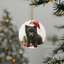 DistinctInk Hanging Ceramic Christmas Tree Ornament with Gold String - Great Gift/Present - 2 3/4 inch Diameter - Schipperke Puppy Drawing Design