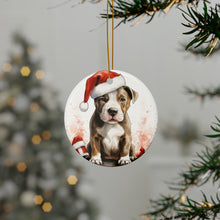 DistinctInk Hanging Ceramic Christmas Tree Ornament with Gold String - Great Gift/Present - 2 3/4 inch Diameter - American Staffordshire Terrier Puppy Drawing Design