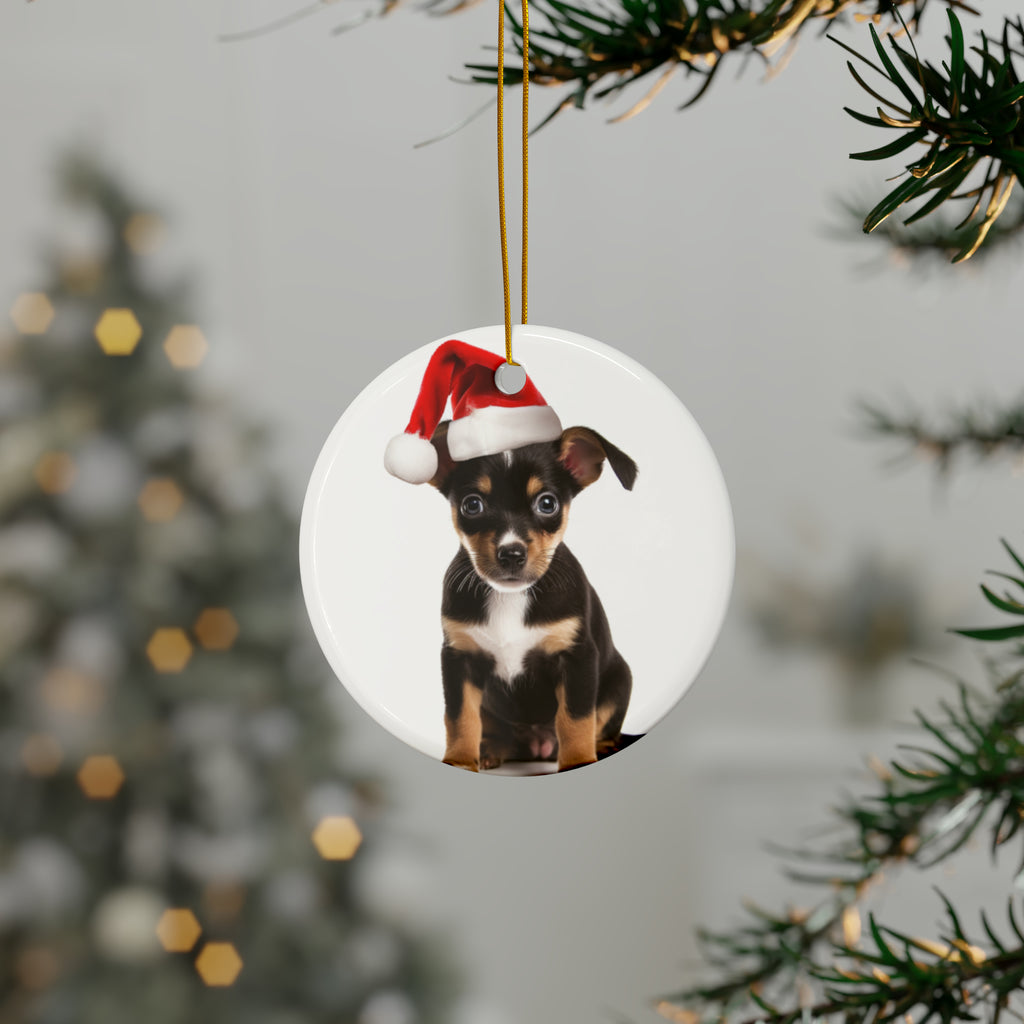Hanging Ceramic Christmas Tree Ornament with Gold String - Rat Terrier Puppy Design, view 3