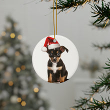 DistinctInk Hanging Ceramic Christmas Tree Ornament with Gold String - Great Gift/Present - 2 3/4 inch Diameter - Rat Terrier Puppy Design