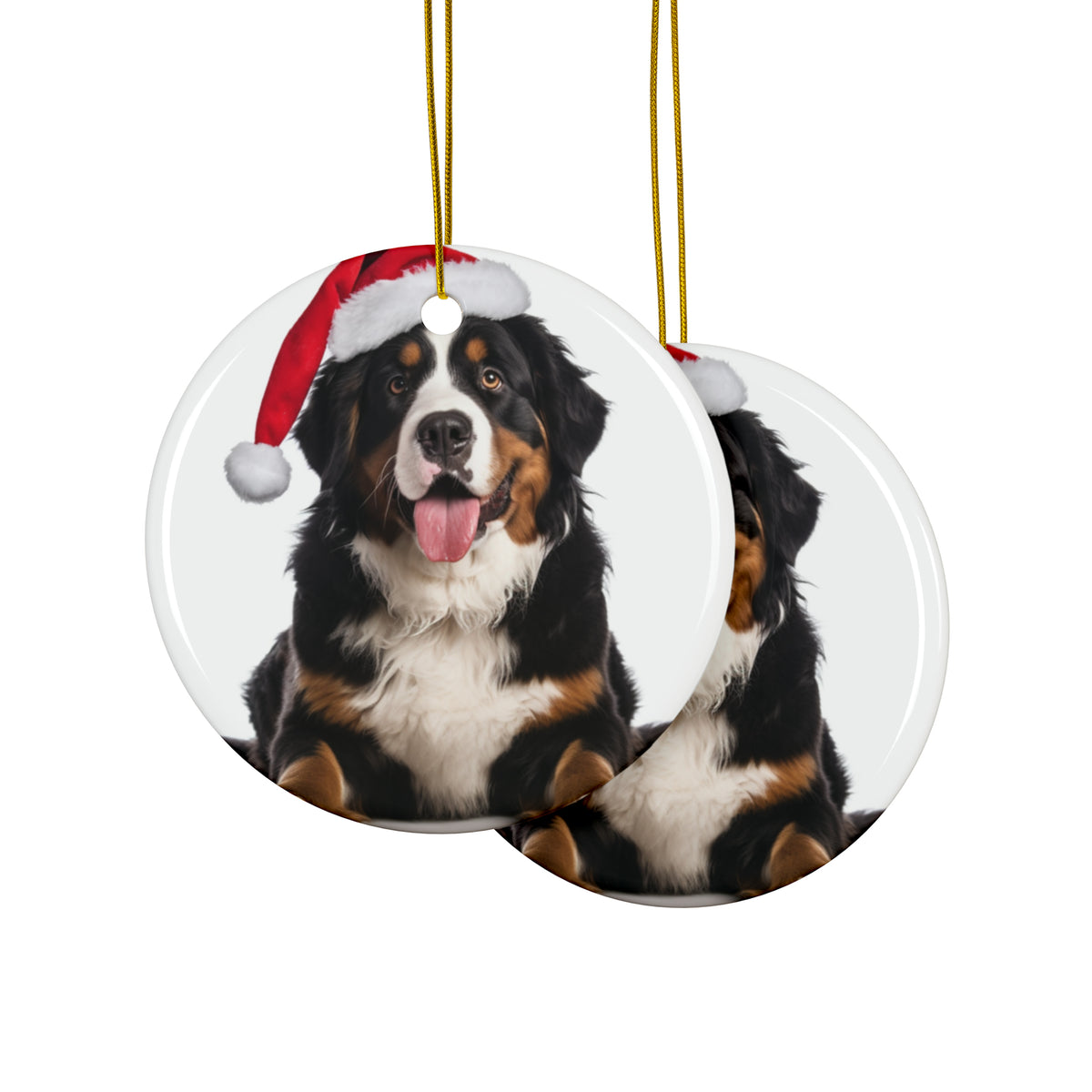 Hanging Ceramic Christmas Tree Ornament with Gold String - Greater Swis Mountain Dog Design, view 2