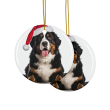 DistinctInk Hanging Ceramic Christmas Tree Ornament with Gold String - Great Gift/Present - 2 3/4 inch Diameter - Greater Swis Mountain Dog Design