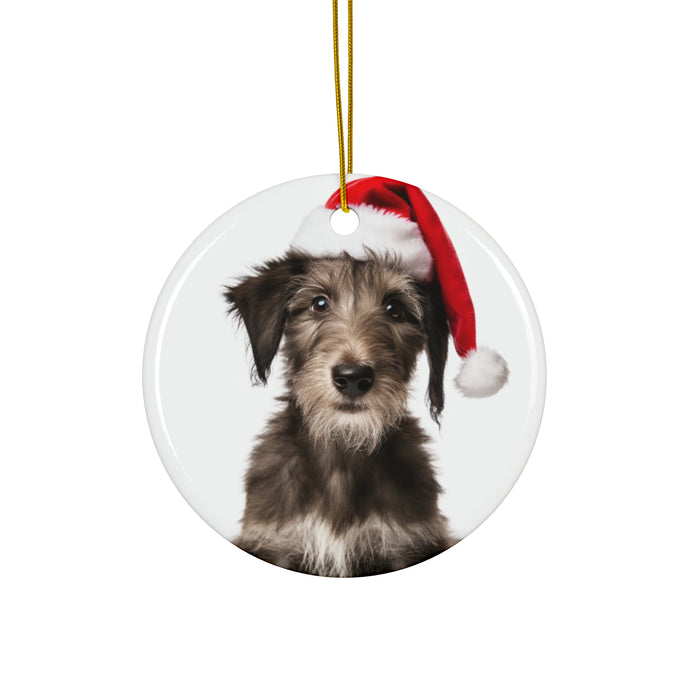 DistinctInk Hanging Ceramic Christmas Tree Ornament with Gold String - Great Gift/Present - 2 3/4 inch Diameter - Scottish Deerhound Puppy Design