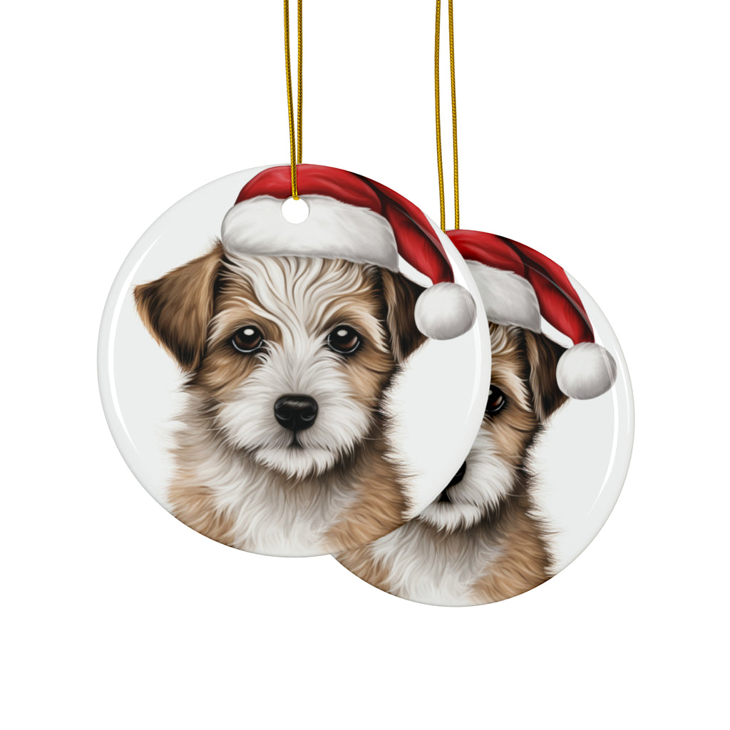 Hanging Ceramic Christmas Tree Ornament with Gold String - American Hairles Terrier Puppy Drawing Design, view 2