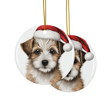 DistinctInk Hanging Ceramic Christmas Tree Ornament with Gold String - Great Gift/Present - 2 3/4 inch Diameter - American Hairles Terrier Puppy Drawing Design