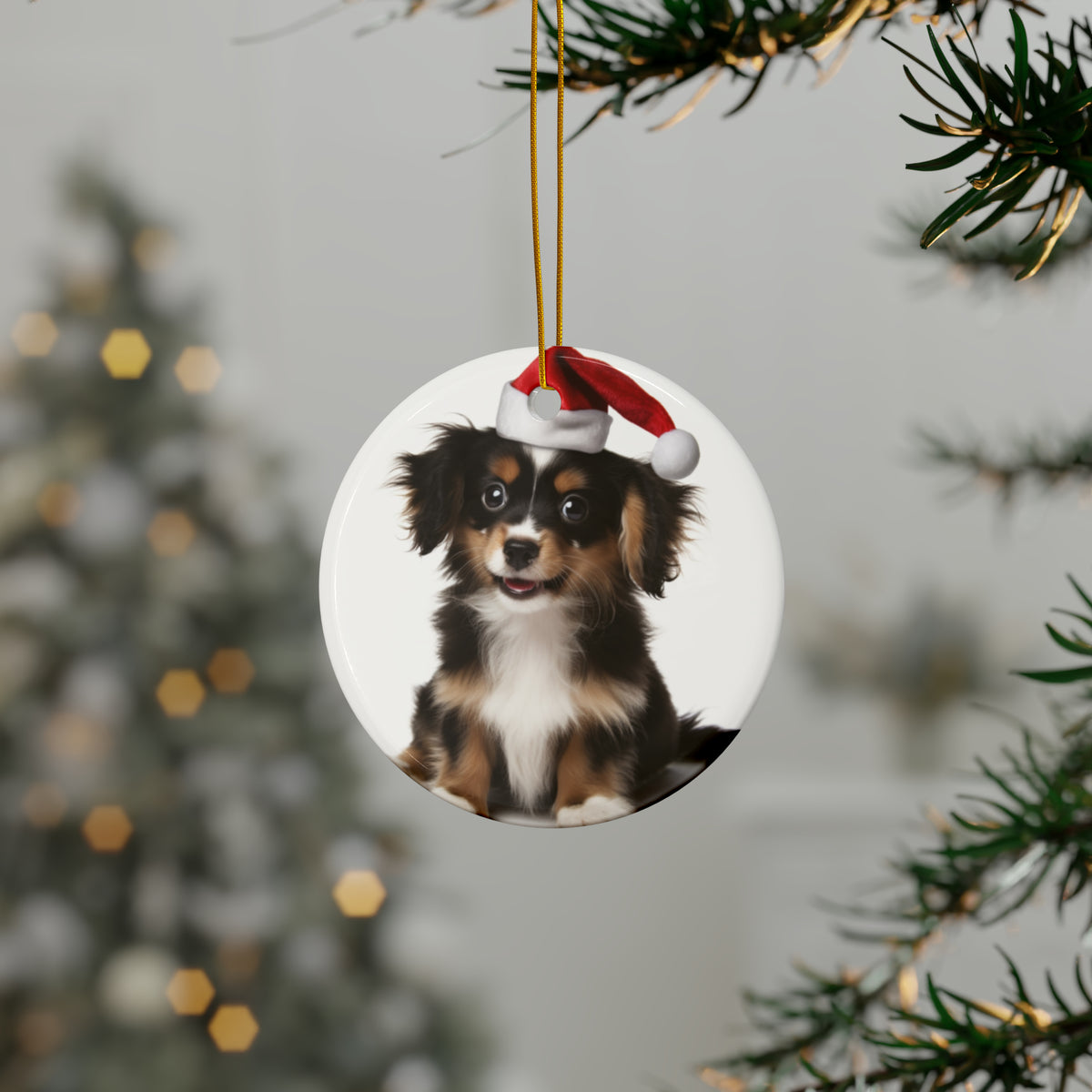 Hanging Ceramic Christmas Tree Ornament with Gold String - Belgian Laekenoi Puppy Design, view 3