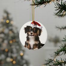 DistinctInk Hanging Ceramic Christmas Tree Ornament with Gold String - Great Gift/Present - 2 3/4 inch Diameter - Belgian Laekenoi Puppy Design