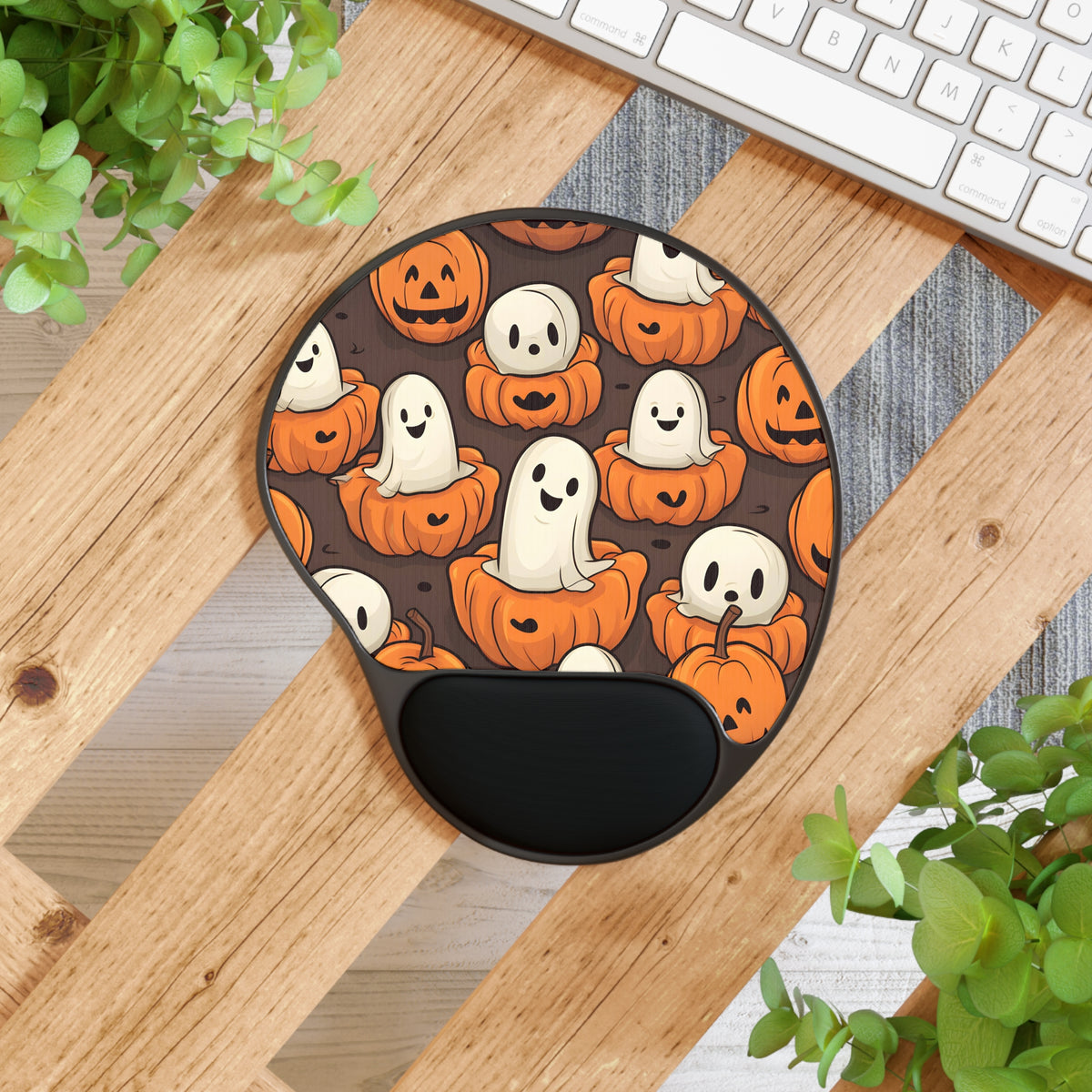 Mouse Pad with Wrist Rest with Haunted Skeleton Pumpkin Patch Design for Halloween, view 4