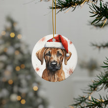 DistinctInk Hanging Ceramic Christmas Tree Ornament with Gold String - Great Gift/Present - 2 3/4 inch Diameter - Rhodesian Ridgeback Puppy Drawing Design