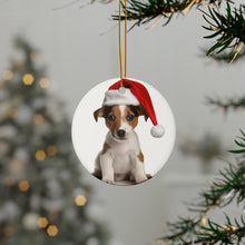 DistinctInk Hanging Ceramic Christmas Tree Ornament with Gold String - Great Gift/Present - 2 3/4 inch Diameter - Smooth Fox Terrier Puppy Design