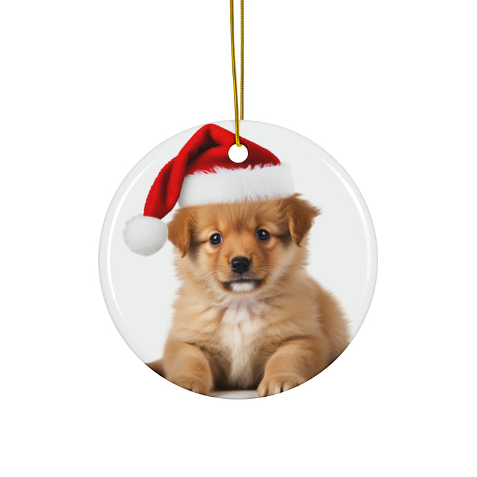 DistinctInk Hanging Ceramic Christmas Tree Ornament with Gold String - Great Gift/Present - 2 3/4 inch Diameter - Komondorok Puppy Design