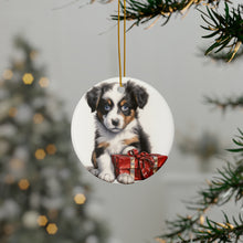 DistinctInk Hanging Ceramic Christmas Tree Ornament with Gold String - Great Gift/Present - 2 3/4 inch Diameter - Miniature American Shepherd Puppy Drawing Design