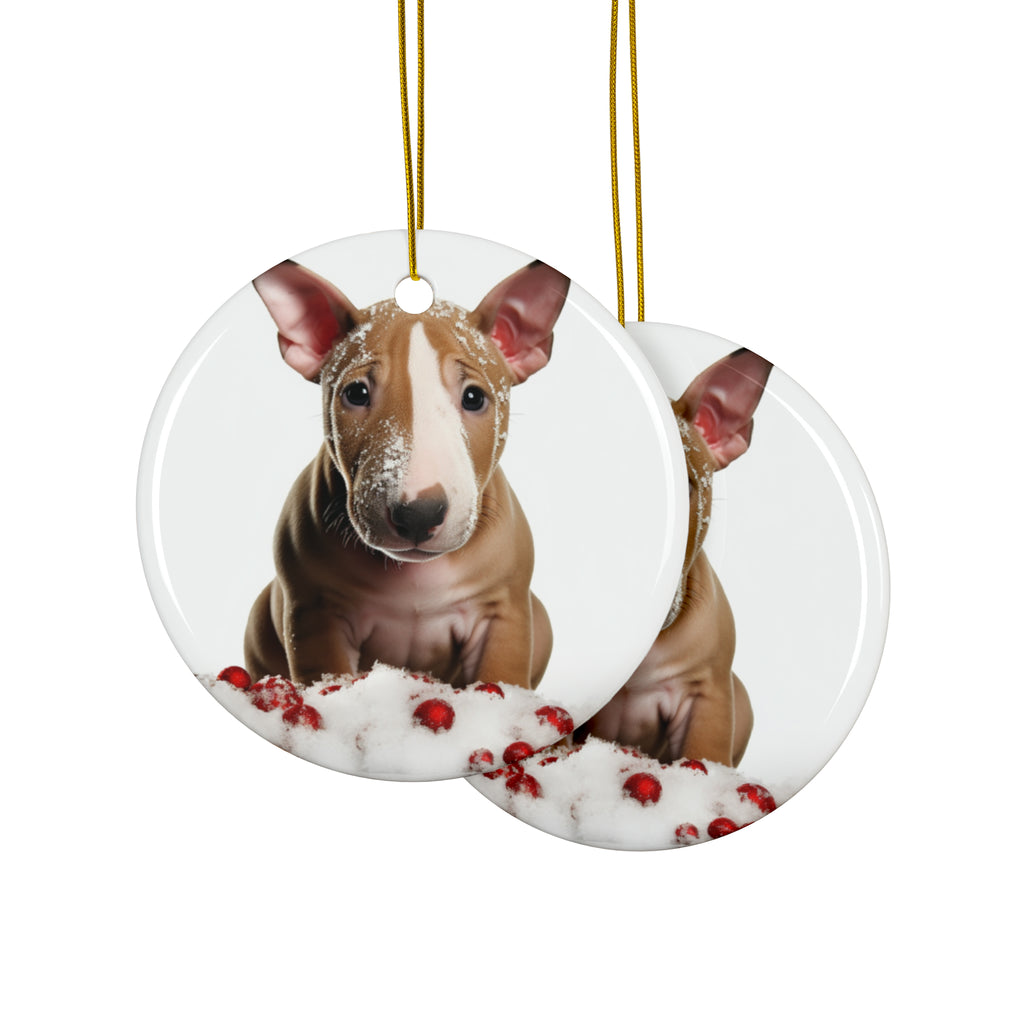 Hanging Ceramic Christmas Tree Ornament with Gold String - Bull Terrier Puppy Design, view 2