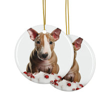 DistinctInk Hanging Ceramic Christmas Tree Ornament with Gold String - Great Gift/Present - 2 3/4 inch Diameter - Bull Terrier Puppy Design