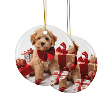 DistinctInk Hanging Ceramic Christmas Tree Ornament with Gold String - Great Gift/Present - 2 3/4 inch Diameter - Russian Toy Puppy Design