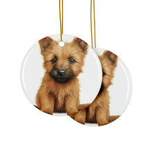 DistinctInk Hanging Ceramic Christmas Tree Ornament with Gold String - Great Gift/Present - 2 3/4 inch Diameter - Norwich Terrier Puppy Drawing Design