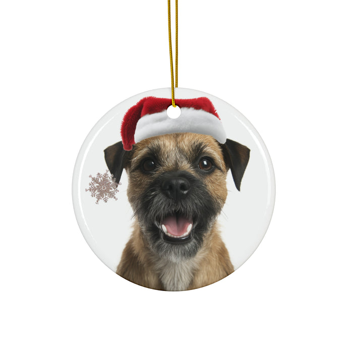 DistinctInk Hanging Ceramic Christmas Tree Ornament with Gold String - Great Gift/Present - 2 3/4 inch Diameter - Border Terrier Design