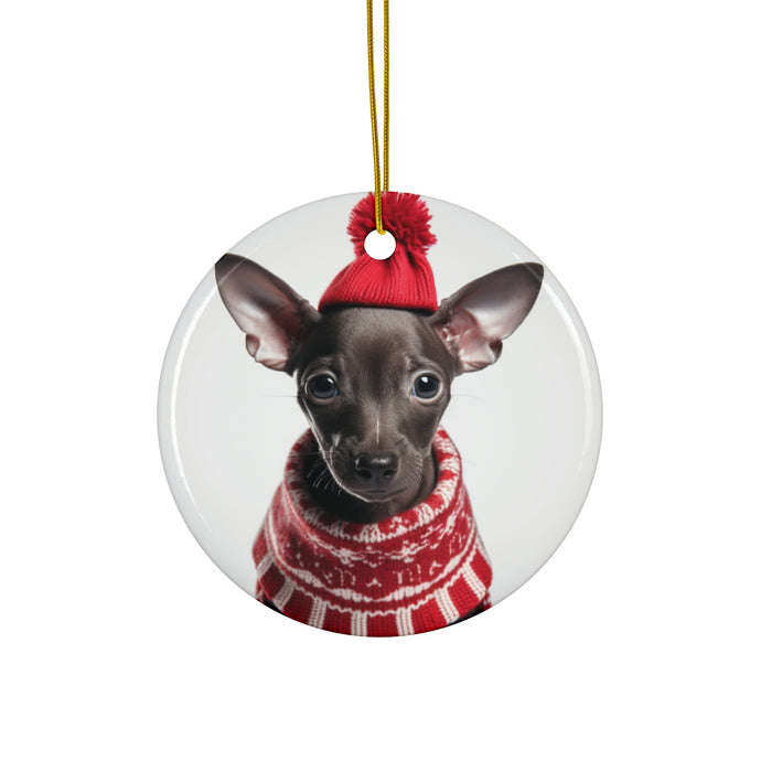 DistinctInk Hanging Ceramic Christmas Tree Ornament with Gold String - Great Gift/Present - 2 3/4 inch Diameter - Xoloitzcuintli Puppy Design