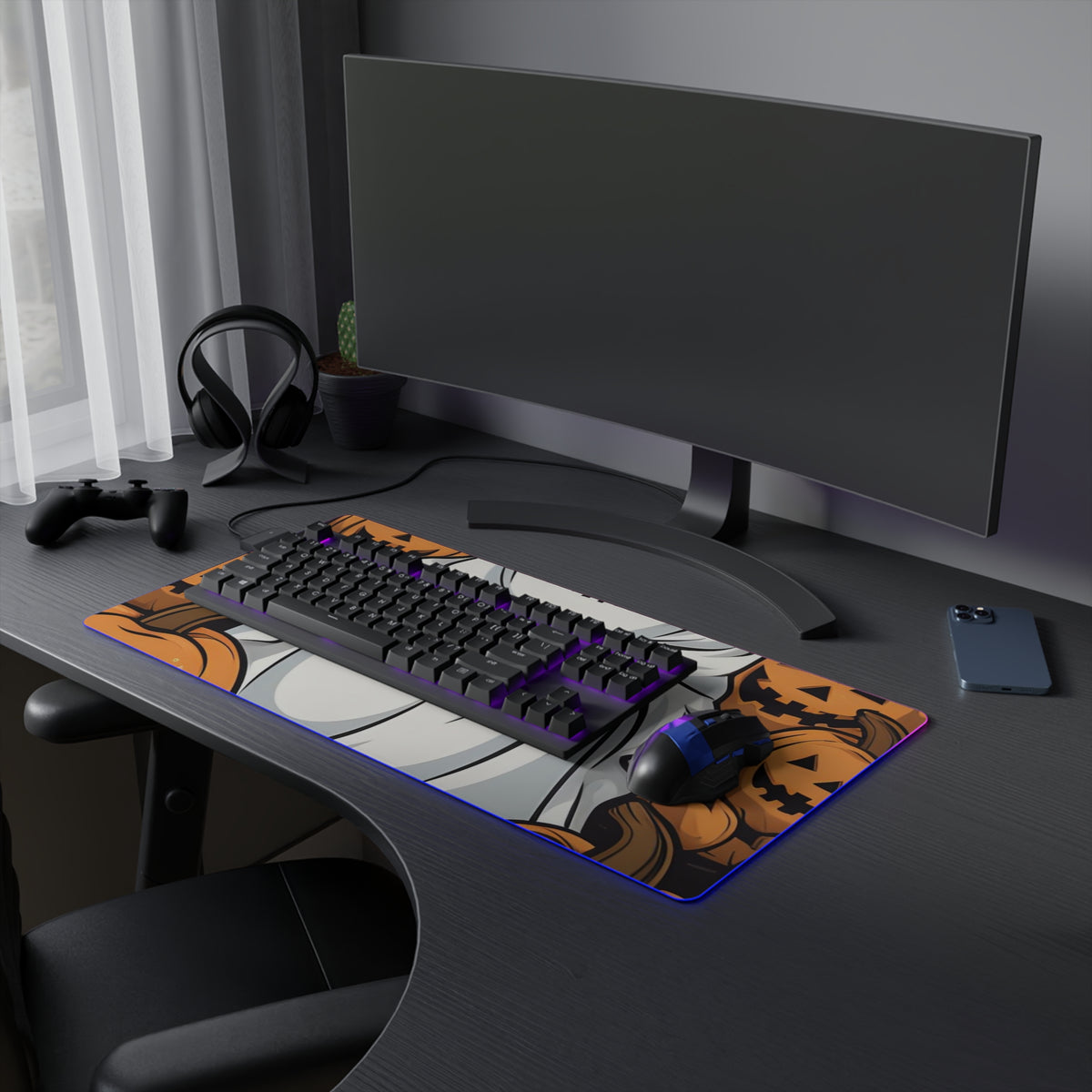LED Gaming Mouse Pad with Skeletal Ghostly Pumpkin Patch Design for Halloween, view 15
