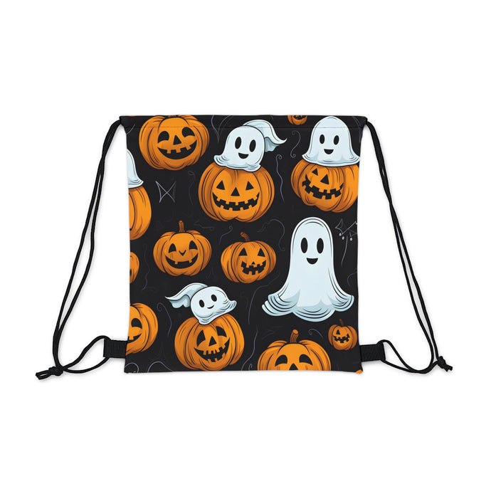 DistinctInk Drawstring Bag / Backpack with Ghost Skeleton Cartoon Pumpkin Design for Halloween