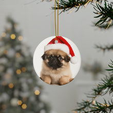 DistinctInk Hanging Ceramic Christmas Tree Ornament with Gold String - Great Gift/Present - 2 3/4 inch Diameter - Pekingese Puppy Design