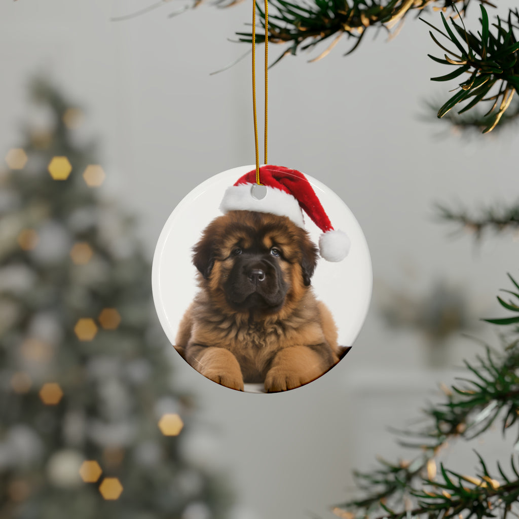Hanging Ceramic Christmas Tree Ornament with Gold String - Tibetan Mastiff Puppy Design, view 3