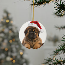 DistinctInk Hanging Ceramic Christmas Tree Ornament with Gold String - Great Gift/Present - 2 3/4 inch Diameter - Tibetan Mastiff Puppy Design