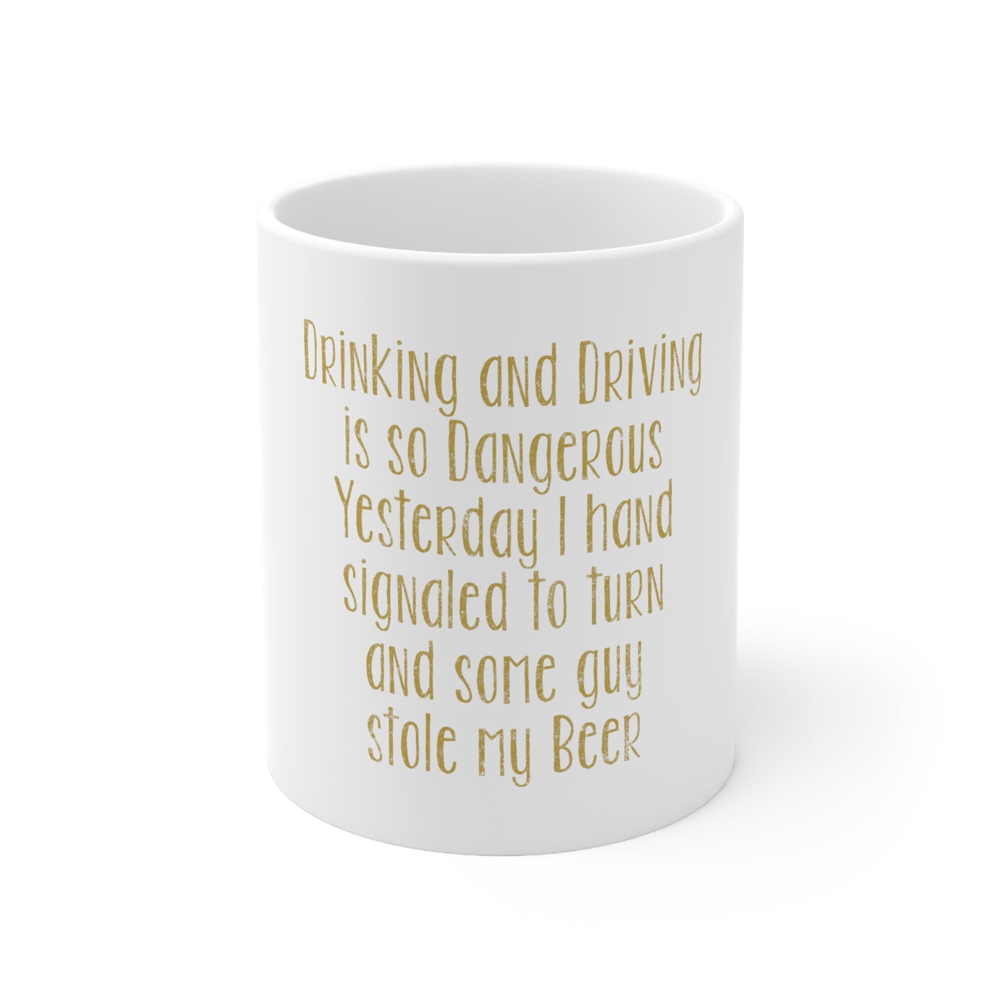 DistinctInk Glossy White Coffee / Tea Mug - Drinking Driving Dangerous Guy Stole Beer