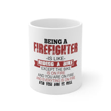 DistinctInk Glossy White Coffee / Tea Mug - Being a Firefighter is Like Riding A Bike On Fire