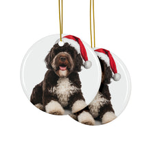 DistinctInk Hanging Ceramic Christmas Tree Ornament with Gold String - Great Gift/Present - 2 3/4 inch Diameter - Spanish Water Dog Design
