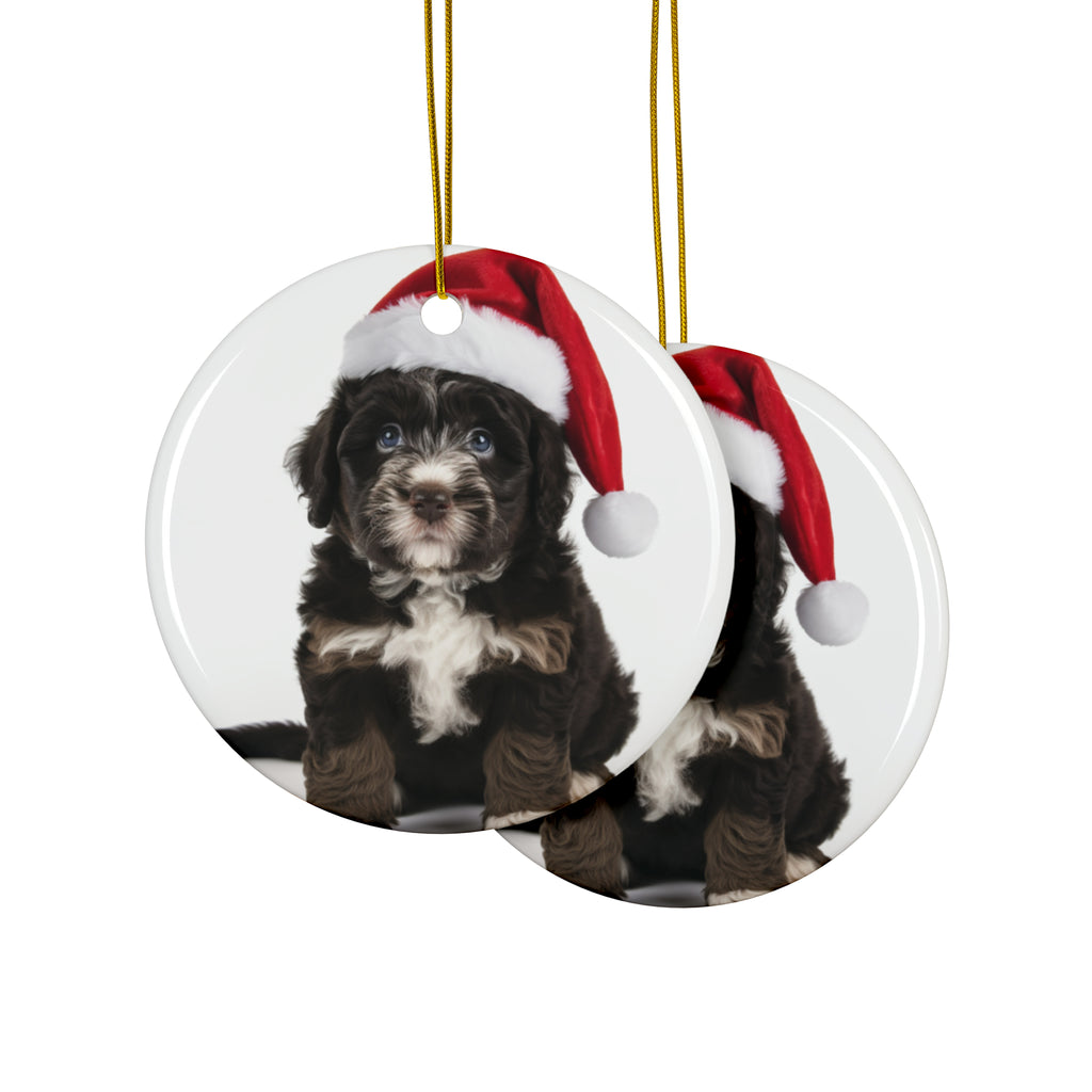 Hanging Ceramic Christmas Tree Ornament with Gold String - Barbet Puppy Design, view 2
