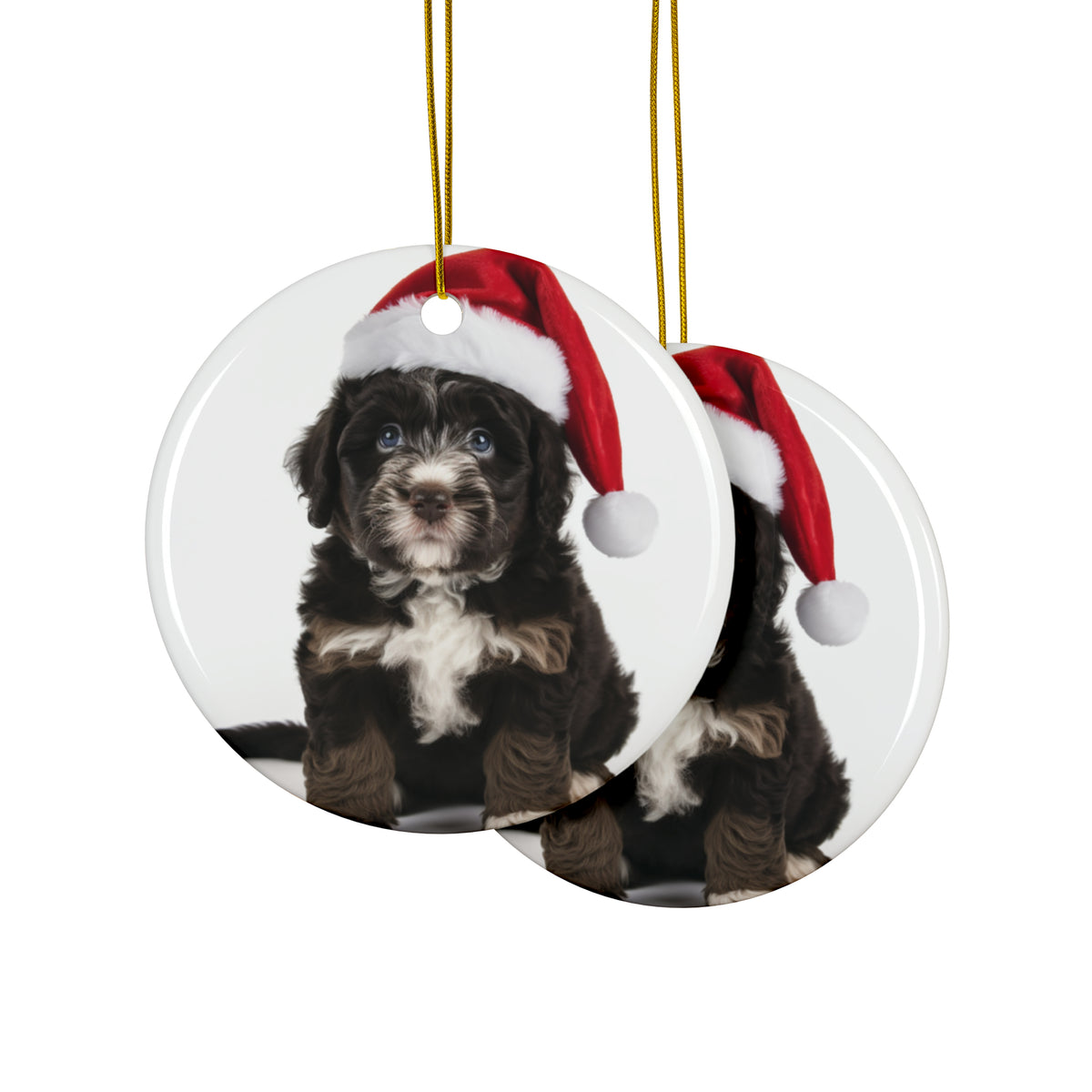 Hanging Ceramic Christmas Tree Ornament with Gold String - Barbet Puppy Design, view 2