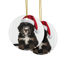 DistinctInk Hanging Ceramic Christmas Tree Ornament with Gold String - Great Gift/Present - 2 3/4 inch Diameter - Barbet Puppy Design