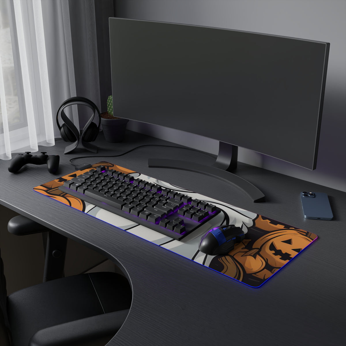 LED Gaming Mouse Pad with Skeletal Ghostly Pumpkin Patch Design for Halloween, view 21