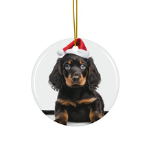 DistinctInk Hanging Ceramic Christmas Tree Ornament with Gold String - Great Gift/Present - 2 3/4 inch Diameter - Gordon Setter Puppy Design