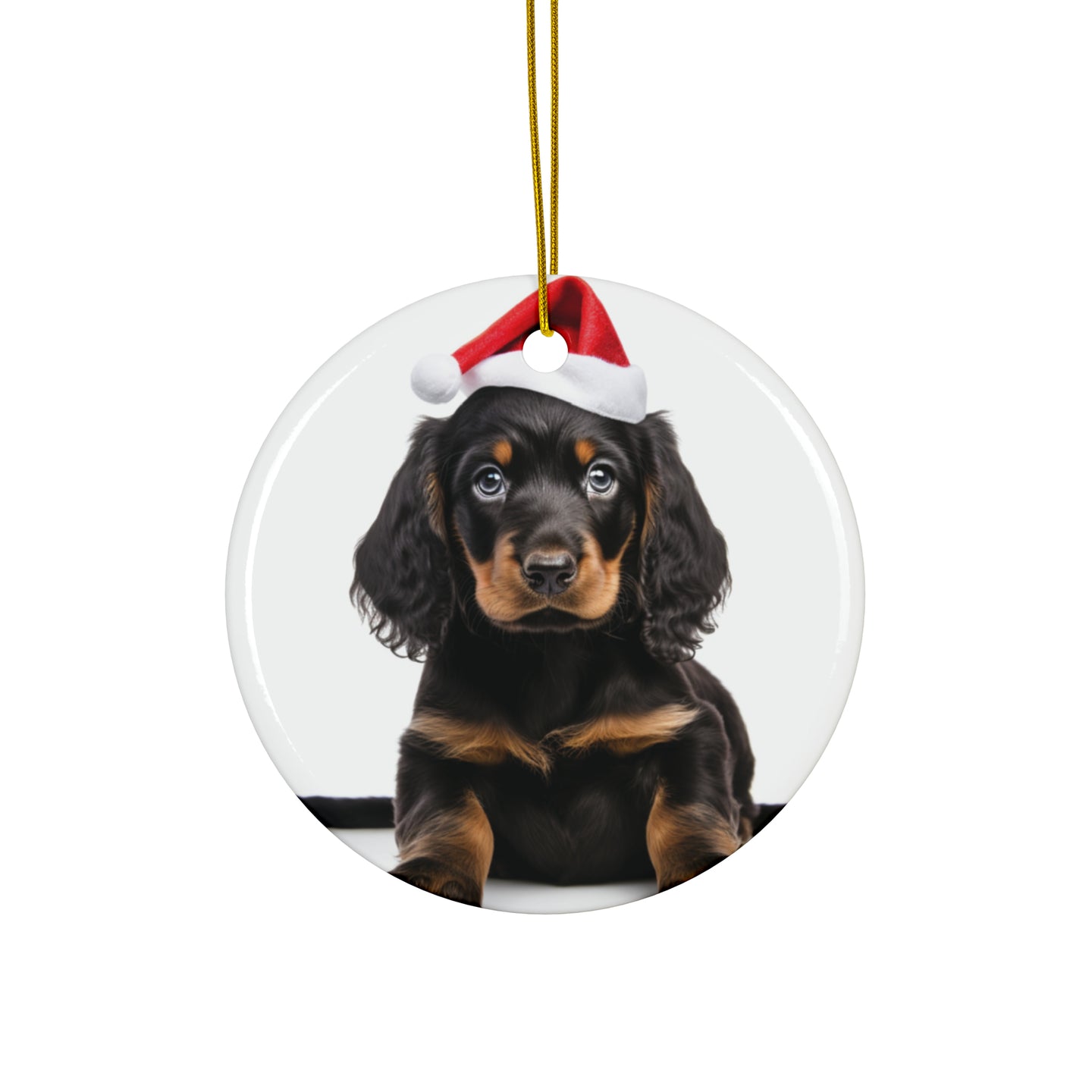 DistinctInk Hanging Ceramic Christmas Tree Ornament with Gold String - Great Gift/Present - 2 3/4 inch Diameter - Gordon Setter Puppy Design