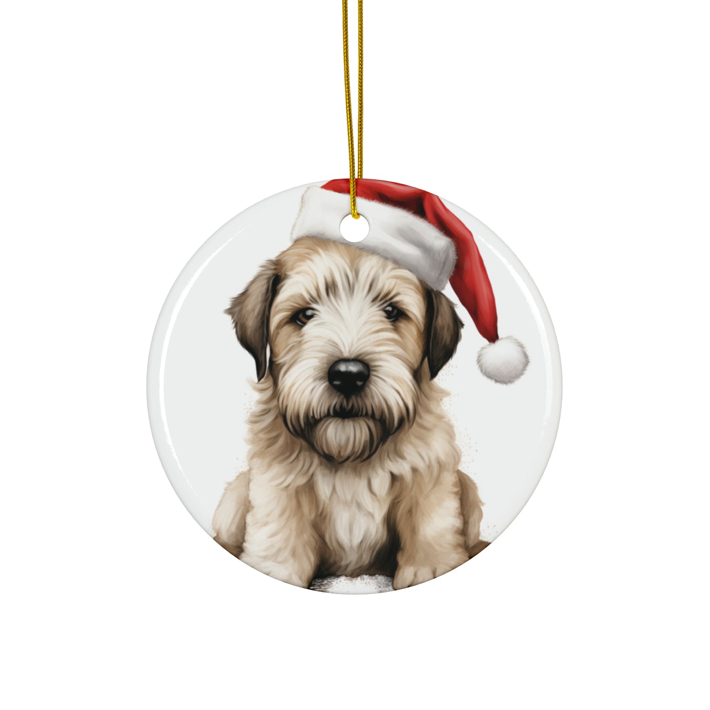DistinctInk Hanging Ceramic Christmas Tree Ornament with Gold String - Great Gift/Present - 2 3/4 inch Diameter - Soft Coated Wheaten Terrier Puppy Drawing Design