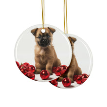 DistinctInk Hanging Ceramic Christmas Tree Ornament with Gold String - Great Gift/Present - 2 3/4 inch Diameter - Cairn Terrier Puppy Design